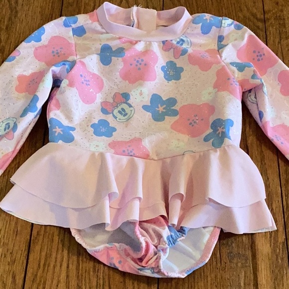 Disney Minnie Mouse pink sparkly floral long sleeve ruffled one piece swimsuit - Picture 3 of 16